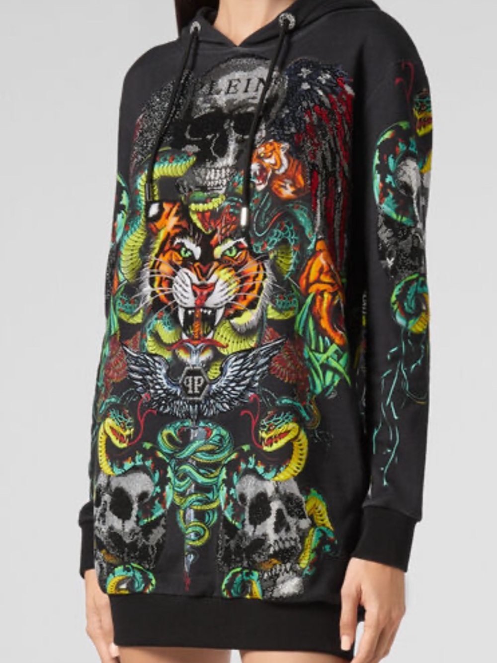 Crystal Philipp Plein Black Hoodie Dress with Multicolor Tiger & Skull Graphic